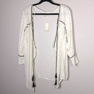 NWT open front duster asymmetrical hem long sleeve slightly sheer boho hippie L